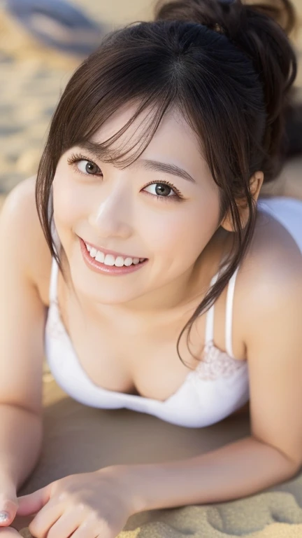 (Highest Resolution, 4K, masterpiece: 1.3), Japanese women, A photo of a woman, cute: 1.1, Beautiful Eyes,Symmetrical eyes,Big eyes, Slim figure, Realistic teeth, double eyelid, (whole body:1.3), highest quality, detailed, Long Hair,、((White Bikini)), ((Lying down、Face down on the beach)),Beauty、cute、Laughter、((whole body、Slim legs:1.3))
