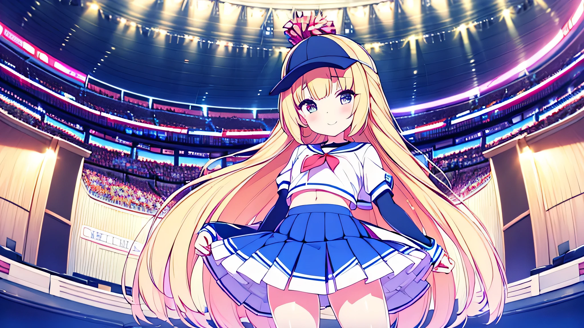 Cheerleader posing for support with big pom-poms、(stadio)、(tiny chest:1.4)、Raw photography, top-quality, hight resolution, (masterpiece), (Photorealsitic:1.4), professional photograpy, sharp focus, nffsw, 8K resolution, intricate detailes, depth of fields, the Extremely Detailed CG Unity 8K Wallpapers, front lit, girl with, Smile、(A slender:1.3)、(taken from the under:1.5)、(skinny thigh)、Wear a baseball cap on your head、see -through