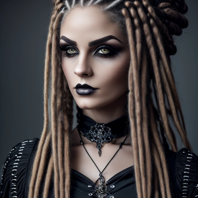 1 woman in gothic outfit, female, full body, 30 years old, pretty face, ultra detailed face and eyes, hyperrealistic, realistic representation,  hairstyle dreadlocks