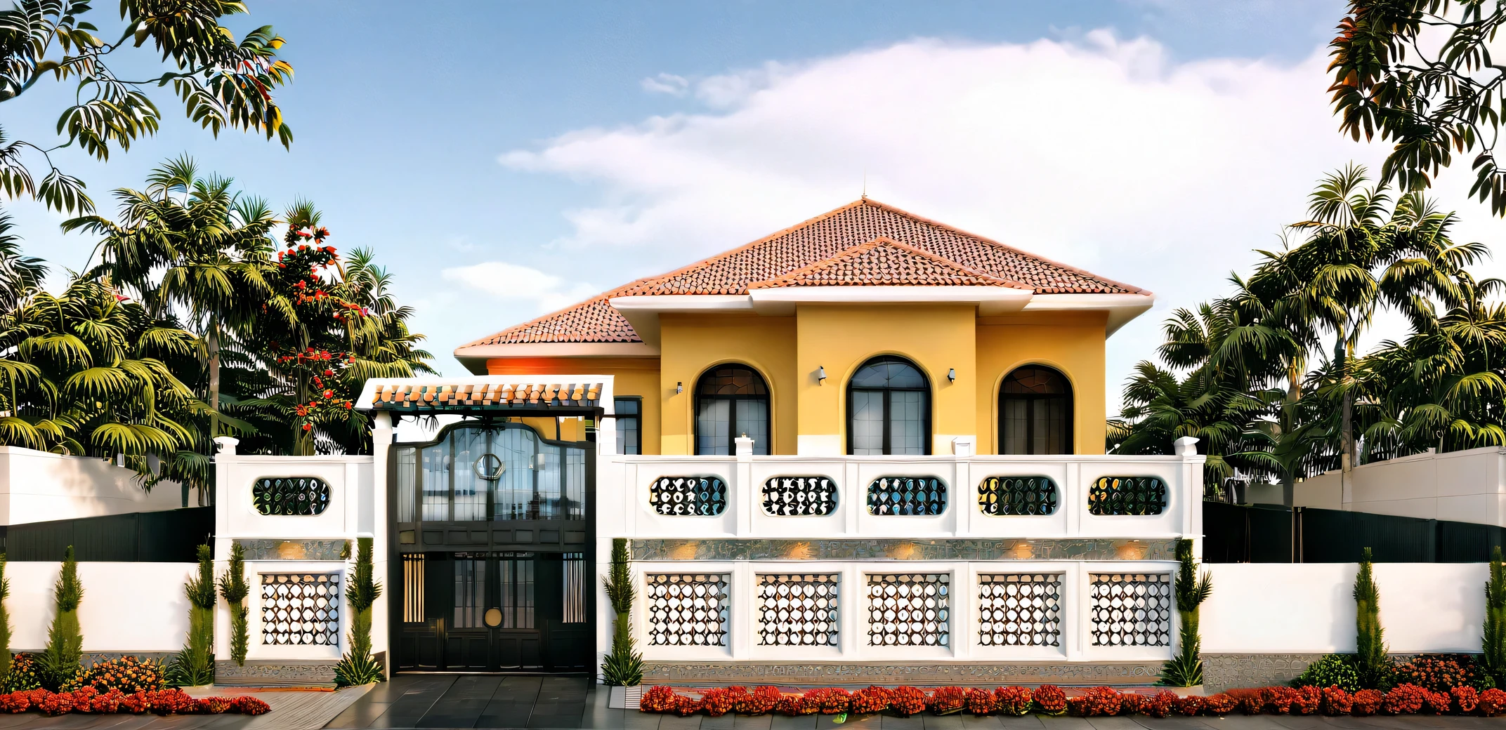 Rendering a house with a tropical architectural style, warm colors, for example red tiles that look yellow. Blue sky, white clouds, townhouse views. realistic photo