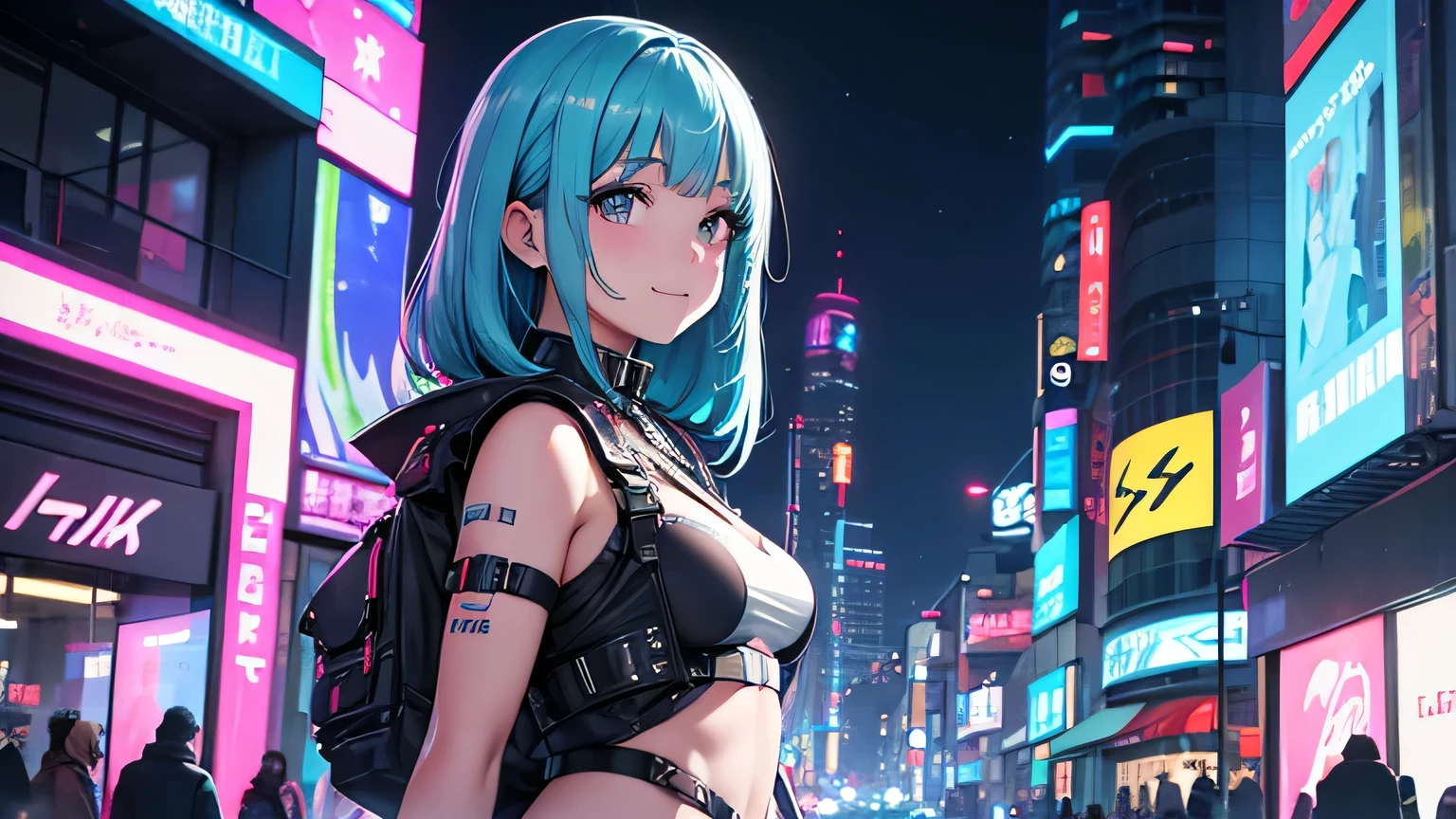Obra maestra, mejor calidad, 2 ((sonriente)) chicas cyberpunk paradas juntas, Harajuku inspired cyberpunk body harness, Colores y patrones atrevidos, accesorios llamativos, peinado moderno e innovador, deslumbrante paisaje urbano Cyberpunk, rascacielos, Glowing neon signs, Luces led, animated illustration, textura de piel detallada, textura de tela detallada, hermoso rostro detallado, detalles intrincados, ultra detallado, cinematic lighting, fuerte contraste. selfie medio cuerpo