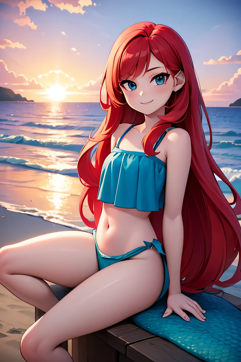 ruby 1 girl, Teenage, Long Red hair, Medium Hair, Blue eyes, bare shoulders, medium breast, aqua ruffle crop top, mermaid tail, tail fin, scales on the mermaid’s tail, mermaid sitting on the beach, over the sea, beautiful purple sunset at beach, Sexy, masterpiece, High quality. 2D illustration, 2D flat, sit down, Masterpiece, 8K, HDR, portrait, seductive smile