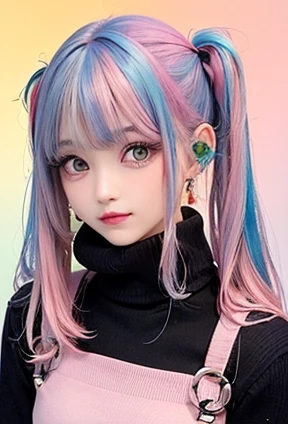 The arrival of autumn、small face、 (alone:1.5,)Super detailed,Bright colors, very beautiful detailed anime face and eyes, look straight,  shiny_skin,girl, (((Rainbow colored hair, colorful hair, Half blue、half pink hair: 1.2))), 、shiny hair, delicate beautiful face, blush、Glasses、(turquoise eyes), , Valletta, earrings,、sunset、forest road、((turtleneck、checked mini skirt,)))、（twin tails）、smile、happy face、face dyed red、color々pose、Head to toe full body portrait、（I can see the whole body）