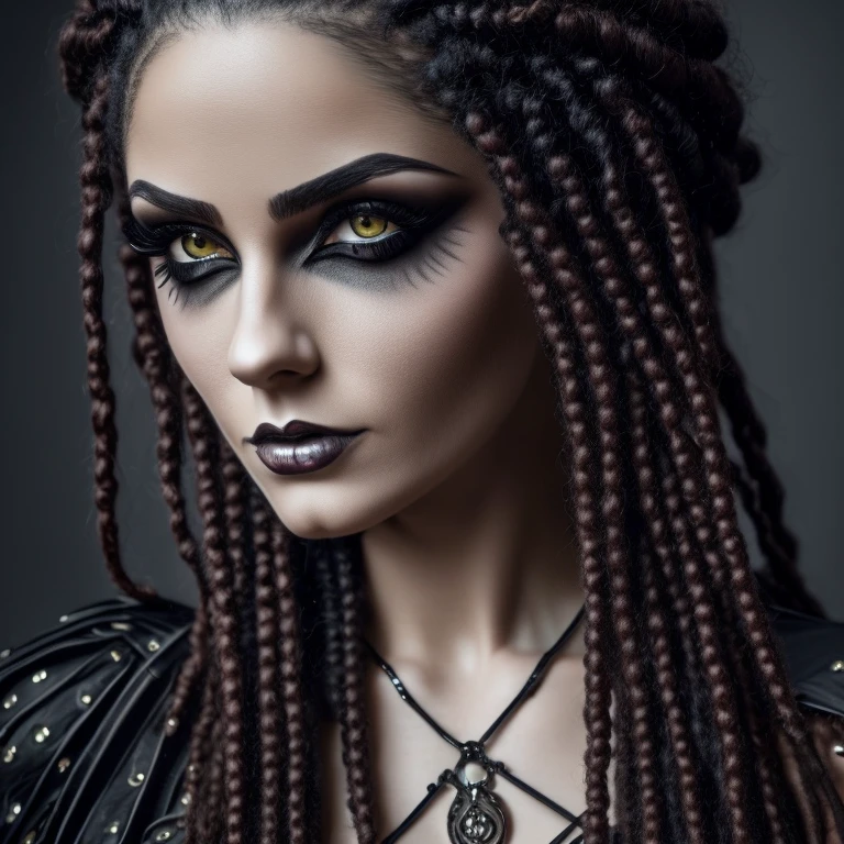 1 woman in gothic outfit, female, full body, 30 years old, pretty face, ultra detailed face and eyes, hyperrealistic, realistic representation, dancing through a streampunk city, hairstyle dreadlocks