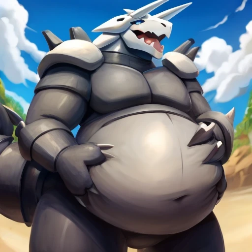 Pokemon aggron, vore, squirming belly, obese bulging belly, gurgle, hands on belly, low perspective