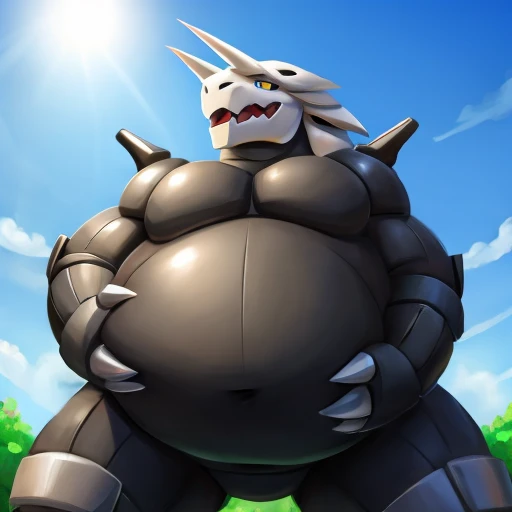 Pokemon aggron, vore, squirming belly, obese bulging belly, gurgle, hands on belly, low perspective