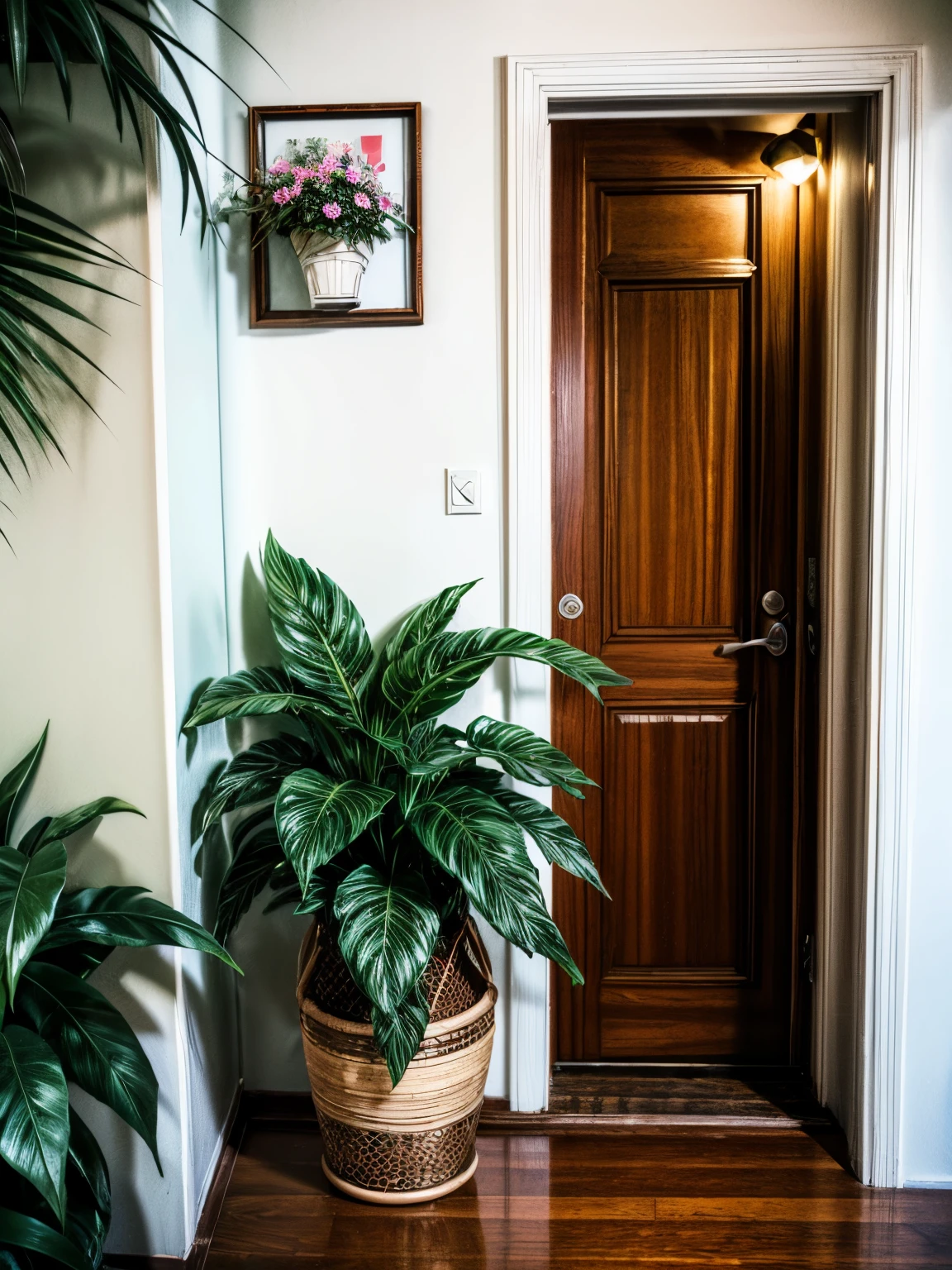 hyper realistic image of a an apartment door, potted houseplant beside the door, fill frame, highly detailed, intricate details, sharp focus, soft lighting, Hasselblad - original style