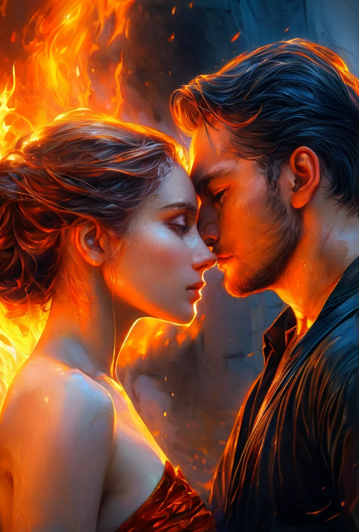 Relief image of a white-haired man and woman in a fiery scene, romantic fantasy film, beautiful digital images, Highly detailed 4K digital art, Detailed 4k digital art, romance novel cover, amazing digital painting, Mikhail Evstafiev, gorgeous digital painting, stunning digital illustration, Vladimir Novak, elegant digital painting, author Zlatyu Boyadzhiev