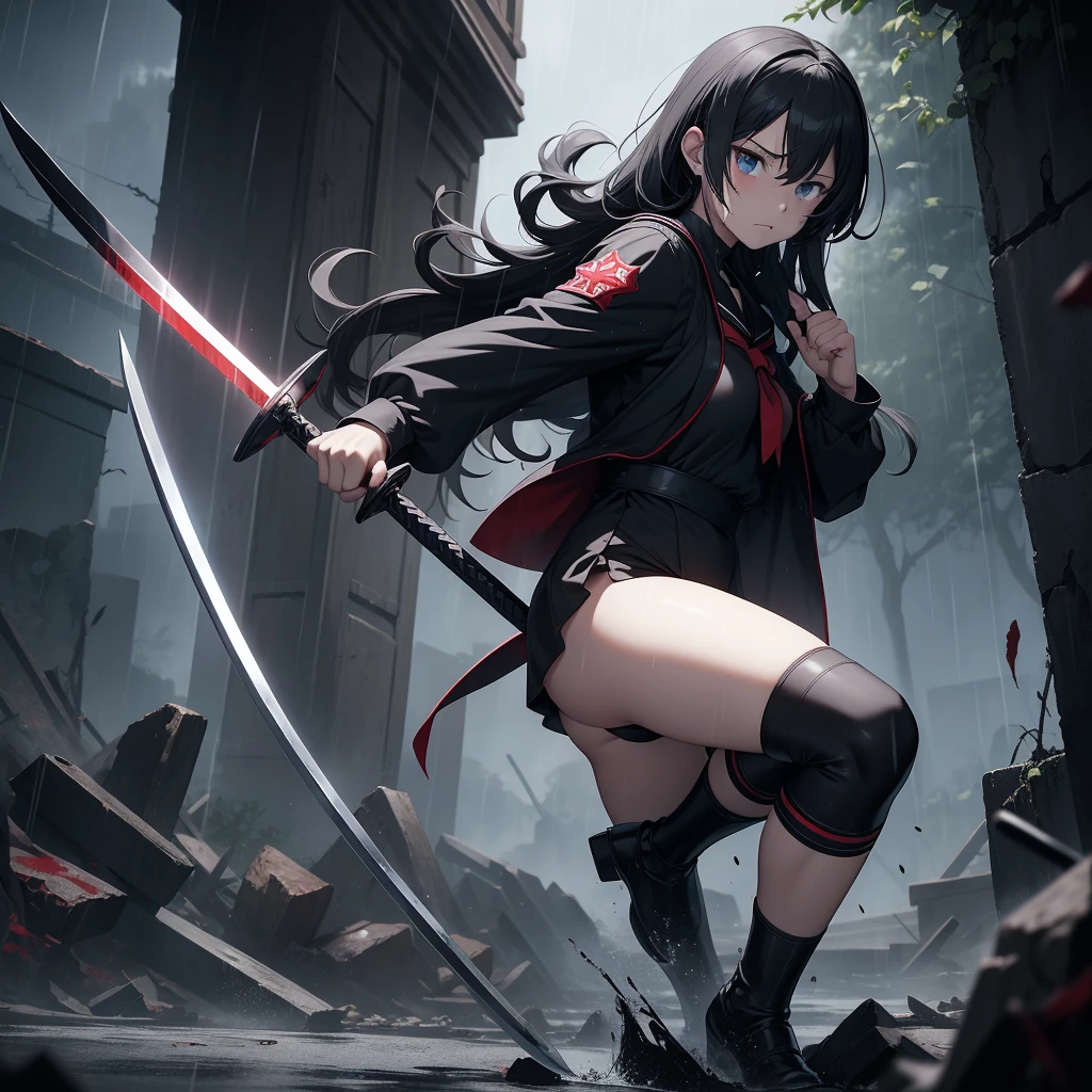 first-clasasterpiece、Fighting Girl、Wearing a black sailor suit、Weapons sticking out of his back、growing up、chaos、Rain of blood、Tears of Blood、Vampire Hunter、Right leg bent on the knee, left leg open to the side、The right hand is on the ground and the left hand is swinging the sword to the side.、
