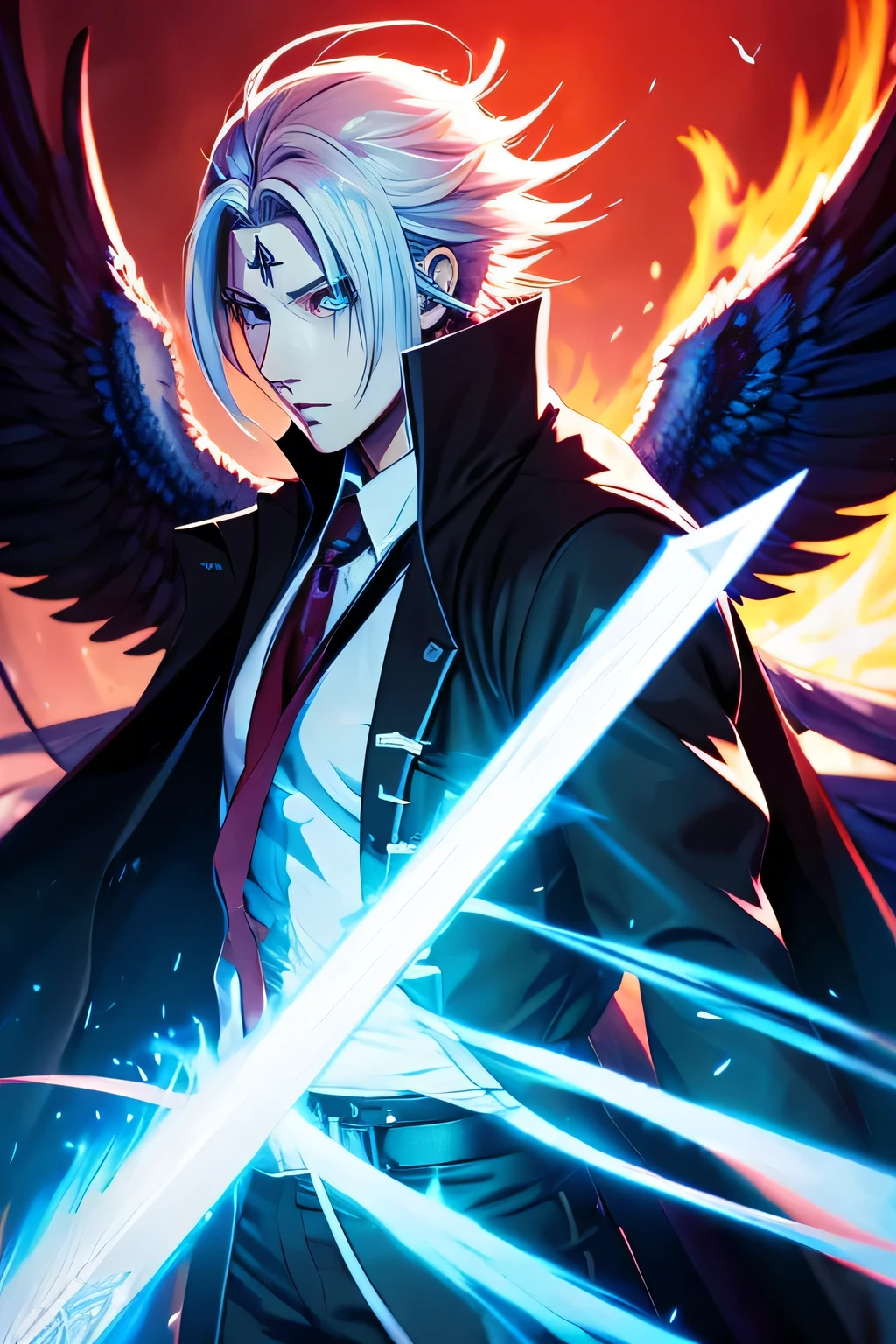 Blue Sephiroth with white winged hair holding a sword in his hand in front of a flame background, Character Art Close-Up, trigger anime art style, Handsome men from Demon Slayer, Detailed fan art, Background artwork, High quality fan art, Persona Art Style, Full Art Illustration, Digital anime illustration, Key Anime Art, Official Fan Art, Danganronpa digital art