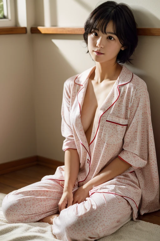 Ultra-high resolution, (Realistic: 1.4), RAW Photos, highest quality, (Realisticistic), concentrate, Soft Light, ((28 years old)), ((Japanese)), (front, Young Face))), (Written boundary depth), masterpiece, (Realistic), woman, short hair、Black Hair, Bedroom, Small breasts、Small breasts、Sleep on your back:1.5、pajamas:1.5、pajamas、whole body
