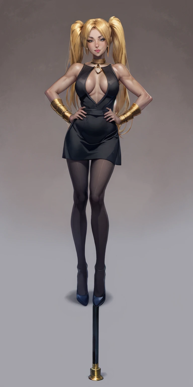 full body standing straight symmetrical, huge cowboy shot, solo 1MILF, lustful smirking smile face, looking at viewer, hands on hips, twin tails, twin drills, dress, striped pantyhose, metal handcuffs on their hands with a black metal slave collar around her neck, cowbell attached to the choker, sleeveless, black stockings, golden tiara