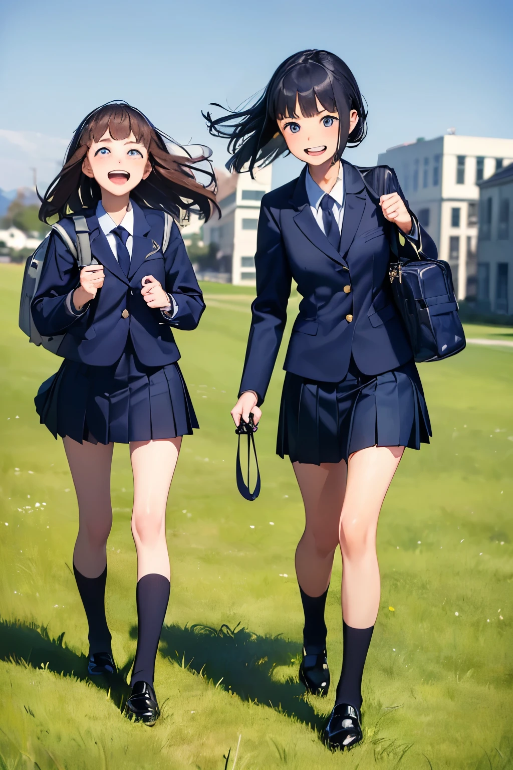 ((best quality)), ((masterpiece)), ((detailed)), (((perfect faces))), (((14yo teen girls in navy blue suit, skirts))), (((walking))), (((laughing))), (((big wide eyes))), (((whole body))), (((grass field))), (((black shoes))), (((school bags)))