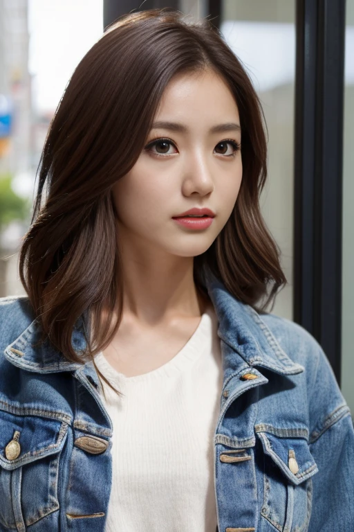 (masterpiece:1.2), Super detailed, Ultra-high resolution, (Realistic, photo Realistic:1.37), High-definition RAW color photos, Professional photos, Very delicate and beautiful, Very detailed, In detail, Large file size, Very detailed beautiful girl, Very detailed face, Very detailed eyes, Very detailed skin, Very detailed nose, Very detailed mouth, Perfect Anatomy, Very detailedな背景, Shiny skin, (Famous Japanese actresses:1.5), (Improve), Flat Chest, View your viewers, whole body, (Dynamic pose:1.4), Dynamic Lighting, Denim jacket, Abdominal Peek, (Brown people, Dark Skin, Brown Hair:1.3), (whole body:1.4), (Shibuya Ward;1.2),