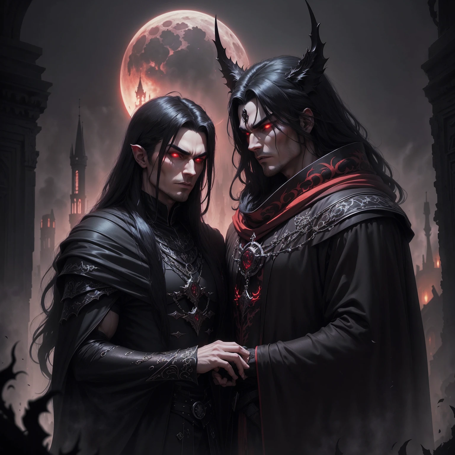 a dark muscular male evil lord, long flowing black hair, black and red cloak, piercing red eyes, menacing expression, powerful aura, standing in a dimly lit chamber,, casting eerie shadows, , adorned with intricate details, with a sinister grin, exuding an aura of darkness, with an intimidating presence, in a gothic castle, with imposing architecture, shrouded in mist, under a blood-red moon, with a storm brewing in the background, creating a foreboding atmosphere, reminiscent of a dark fantasy novel cover, with a dramatic lighting, emphasizing the contrast between light and shadow, evoking a sense of mystery and danger, with a touch of supernatural elements and captivating artistry." no horns