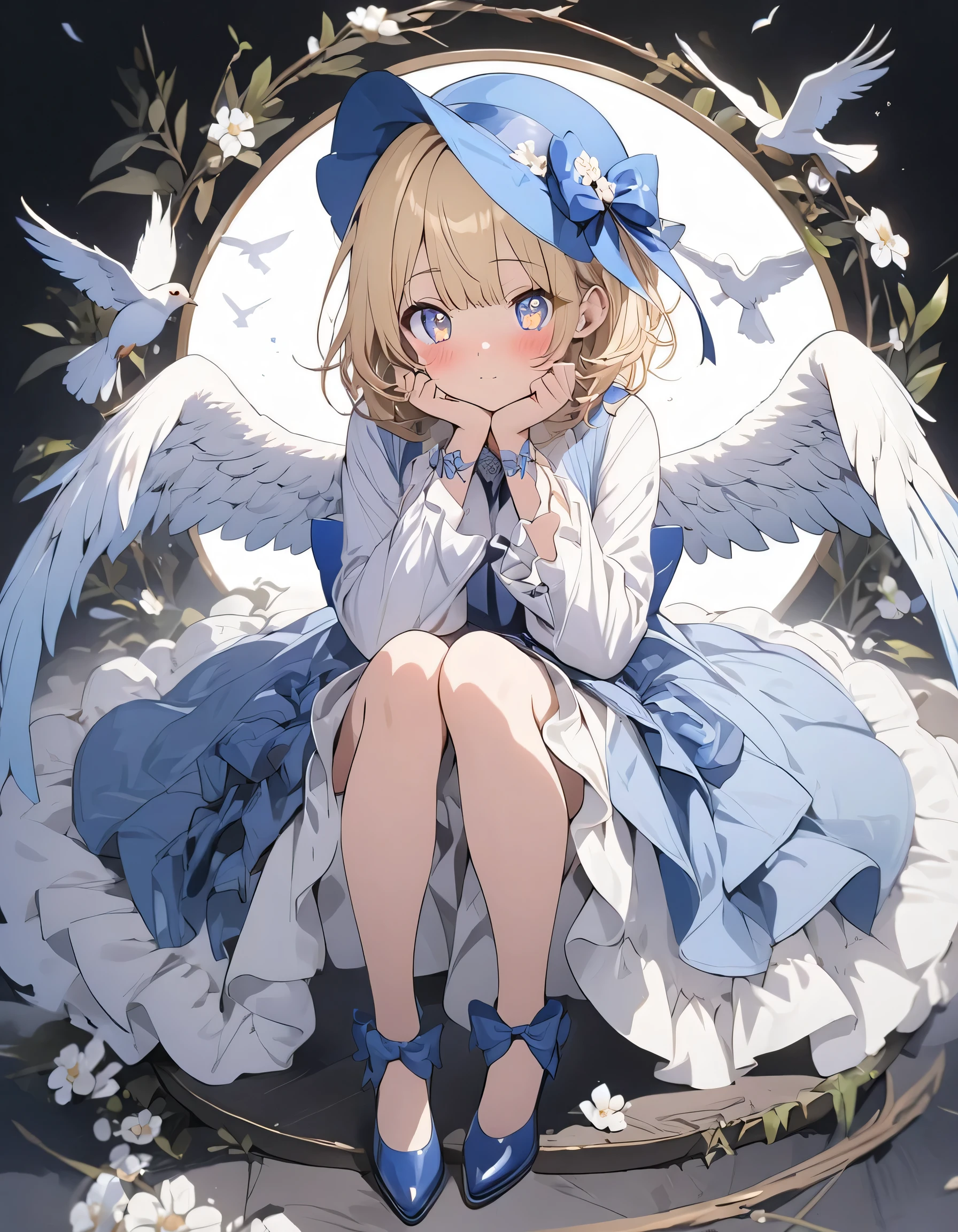 One girl, Blonde, White Background, Have, dress, Blue footwear, wing, Simple Background, sign, flower, Wide sleeves, Long sleeve, blush, animal, white flower, alone, whole body, bird, View your viewers, High heels, Put your hand on your cheek, put your hand on your face, Frills, bow, bangs, ribbon, Bell, Blue hat, +_+, shoes, short hair, Grey Eyes, shoes, Blue Claws, feathered wing, blue bow、(highest quality、masterpiece、High resolution、detailed)、anime style、Flat Style、(Beautiful Eyes, Delicate and beautiful face),  BREAK,extremely detailed、anime