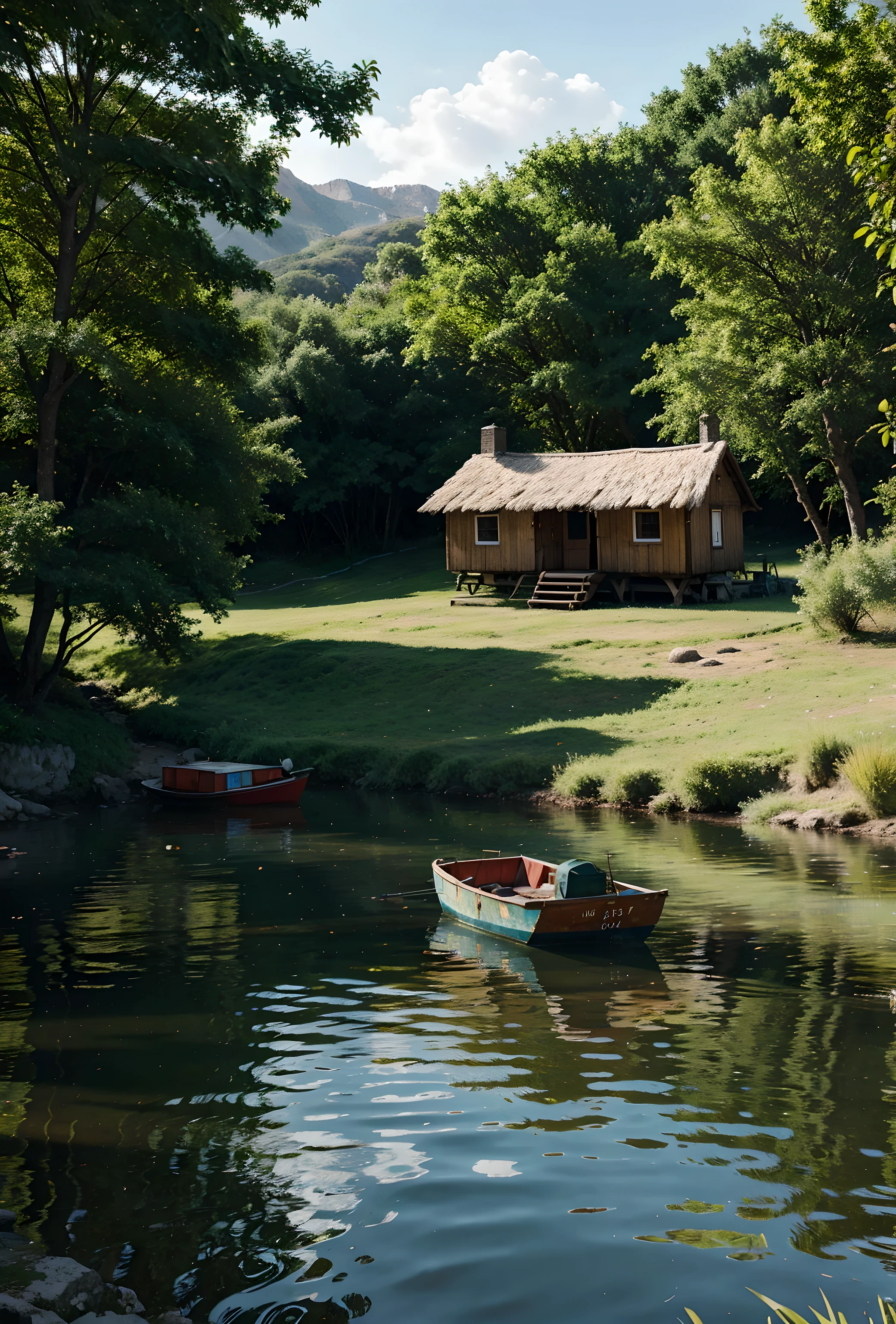 Painting of four huts on the river bank and two gaye ho bandi in front of the hut with a duck and two boats in the water, idyllic hut, detailed painting 4k, visual art detailed, beautiful detailed view, 4k highly detailed digital art, beautiful digital painting, hd digital painting, beautiful art uhd 4k, peaceful landscape, a beautiful landscape, hd wallpaper, detailed view - width 672, a beautiful painting