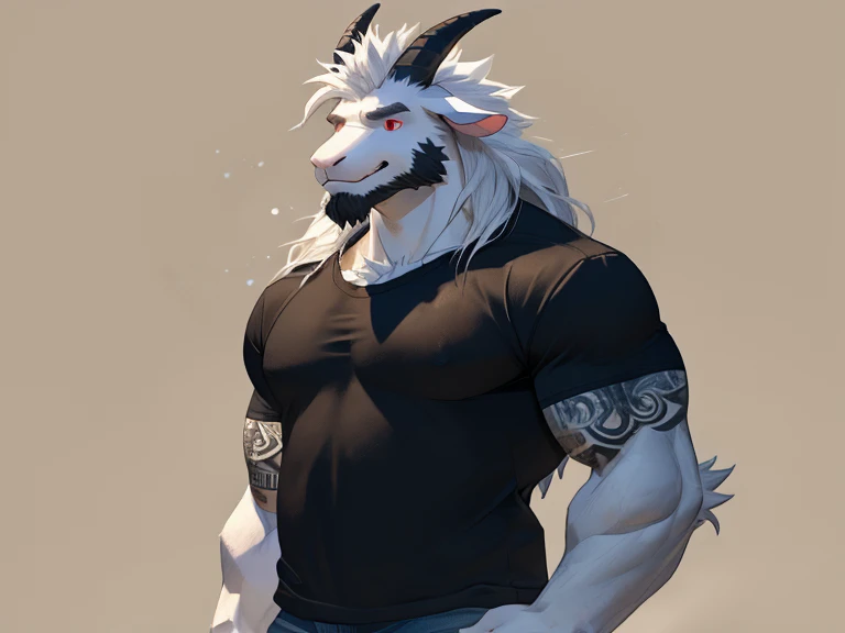 Azazel, A pure white"goat", full body, red eyes , tattoo on neck, grin, smuggle, jeans and black shirt. Anthropomorphic, furry character, "white goat" ,character design, goat character,cloven hoof, muscles, male, full body , simple foggy background , "white" long hair,tall, full body, A furry goat character, white furry and black shirt , anthropomorphic goat male, furry character, furry character portrait, an anthro white goat, commission for high res, furry fursona, long hair, goat Beards, muscle 