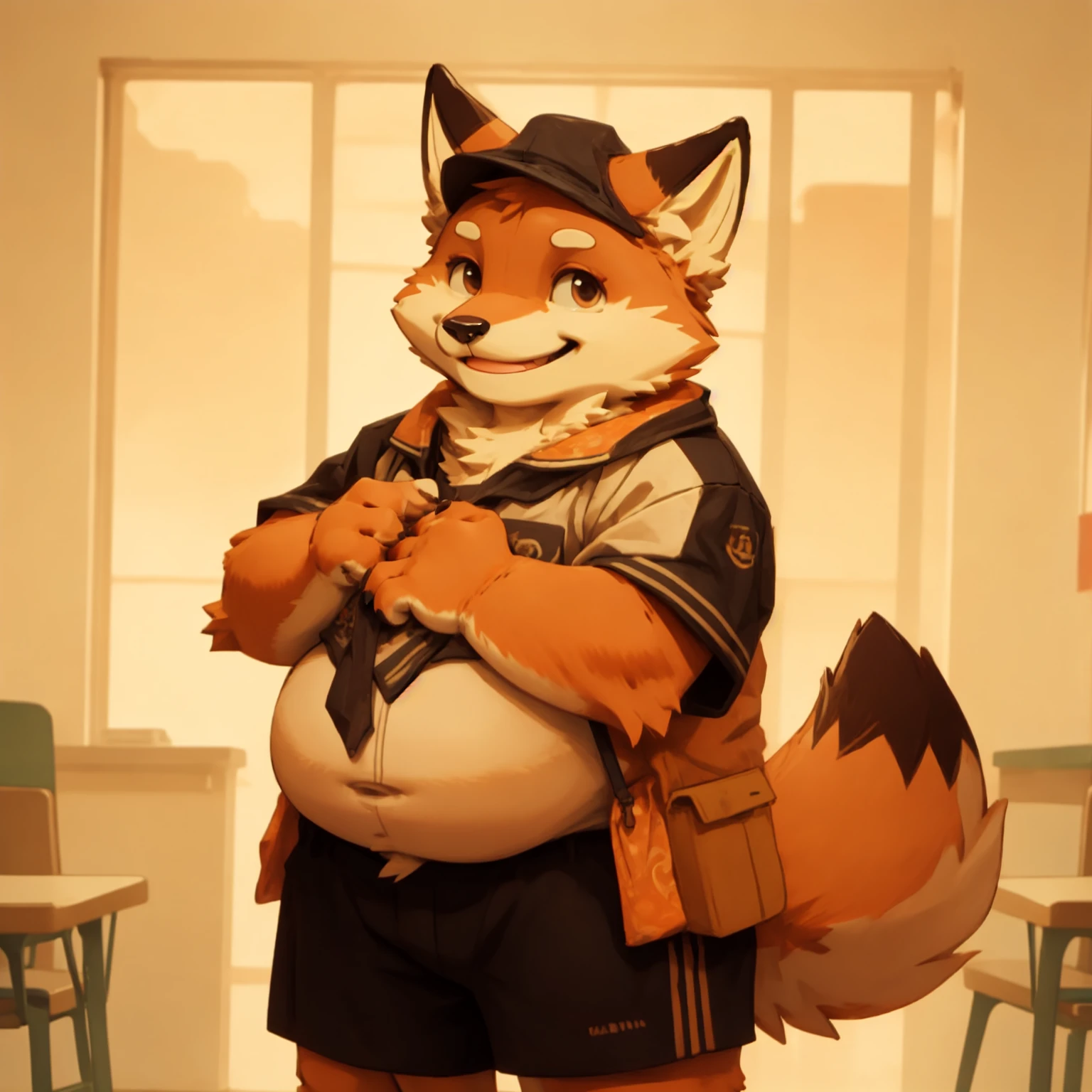 New Jersey 5 Furry，fox，portrait,Exquisite，Chubby，Orange plush fur，Cute face，School，Standing，Smile