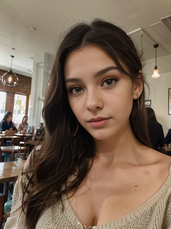 Photo of a 20 year old brunette woman, that  has a very natural face,  thin lips, thin eyes, thin eyebrows, thin nose, earrings, long eyelashes. She makes a cute selfie in a cafe