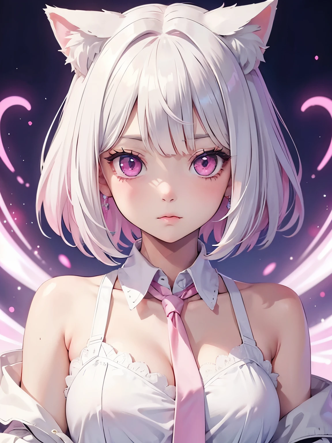 White hair. Short hair. Inner pink hair. Anime girl. Pink eyes. Glowing eyes. Nekomimi. Smiling. Tanktop. Small breast.