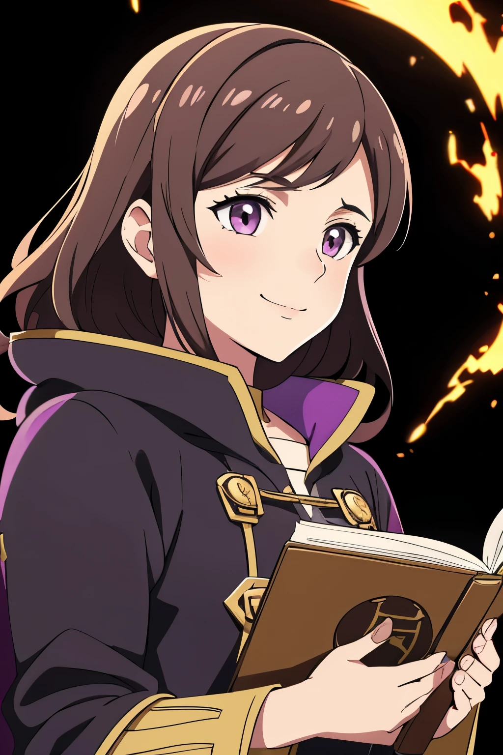 (high-quality, breathtaking),(expressive eyes, perfect face) 1girl, female, solo, portrait, Fire Emblem Awakening, Symmetrical Eyes, black background, Robin (Fire Emblem: Awakening), dark Brown hair color, short hair length, messy wavy hair, hair ornament, upper body, pink eyes, Black and purple cloak, gold trim, black shirt, brown belt, tomb, cute smile, detailed eyes, adorable face, short height, Grima, holding book,