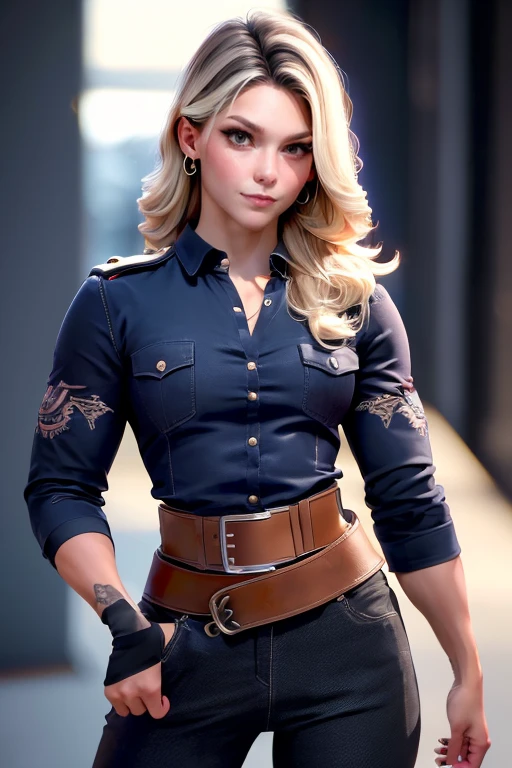3dmm style,(masterpiece, top quality, best quality,Curly Long hair, realistic, 1girl, best quality, intricate details, looking at viewer, ultra realistic 8k cg, picture perfect face, flawless, clean, masterpiece, professional artwork, famous artwork, film lighting, film Bloom, perfect face, beautiful face, beautiful eyes, ((perfect female body, narrow waist)), blue short sleeve police uniform, fitted design, gold trim, brass buttons, double breasted, high collar , black and gold belt, black leather gloves, police badge, utility belt with pockets, handcuffs, ammo, blue pants, black leather knee boots, gold accents, Un primer plano de una mujer en uniforme con una pistola, Sheriff, 3D render character art 8 K, artista 3D contratado, personaje altamente detallado, 3D character art, IG model | Artgerm, oficial, androide 18, diseño de personajes de alta calidad, diseño de personajes altamente detallado, personaje de primer plano, artista de personajes, diseño de personajes profesional , Gran marcacion de la entrepierna , Biggest Cameltoe mark