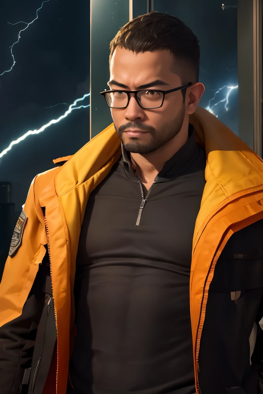 george pei, 1boy, solo, 40 years old male, mature male, masterpiece, spacenoid king, gentleman, god, realistic, dilf, realistic shading, smooth lightning, hdr, 8k, absurdres, high quality, insane detail, body accessoires, elegant, wallpaper, round face, short beard, stumble, glasses, big chest, big abs, muscular, 