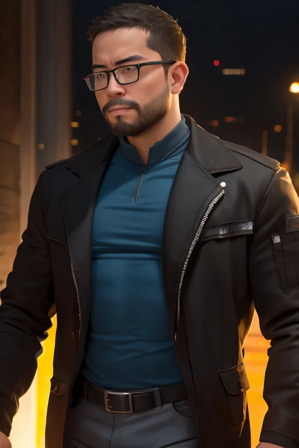 george pei, 1boy, solo, 40 years old male, mature male, masterpiece, spacenoid king, gentleman, god, realistic, dilf, realistic shading, smooth lightning, hdr, 8k, absurdres, high quality, insane detail, body accessoires, elegant, wallpaper, round face, short beard, stumble, glasses, big chest, big abs, muscular, 