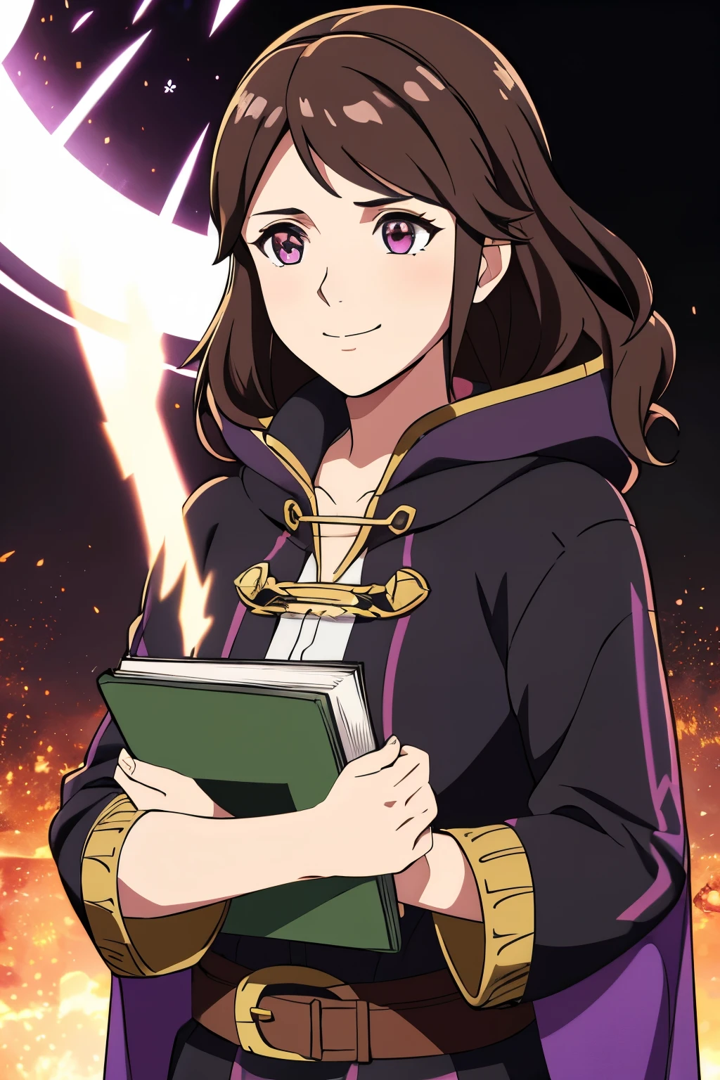 (high-quality, breathtaking),(expressive eyes, perfect face) 1girl, female, solo, portrait, Fire Emblem Awakening, Symmetrical Eyes, black background, Robin (Fire Emblem: Awakening), dark Brown hair color, short hair length, messy wavy hair, hair ornament, upper body, pink eyes, Black and purple cloak, gold trim, black shirt, brown belt, tomb, cute smile, detailed eyes, adorable face, short height, Grima, holding book,
