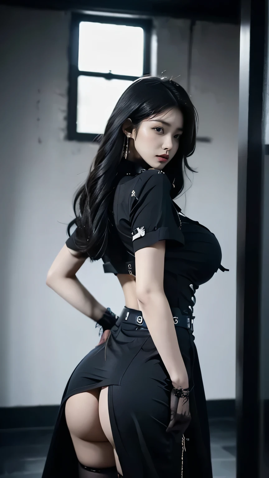 1girl, korean model women, messy hair, plumpy body, perfect body, tall body, (large breast:1.3), (medium butt:1.3), flirting pose, indoor, gothic interior background, gothic military dress, stylish, gothic style, gothic hair style, black hair, eye reflection, (gothic style makeup), gothic style jewellery, sleepy, bored, looking the audience, sfw, Fujicolor, masterpiece, ccurate, anatomically correct, textured skin, super detail, 4K