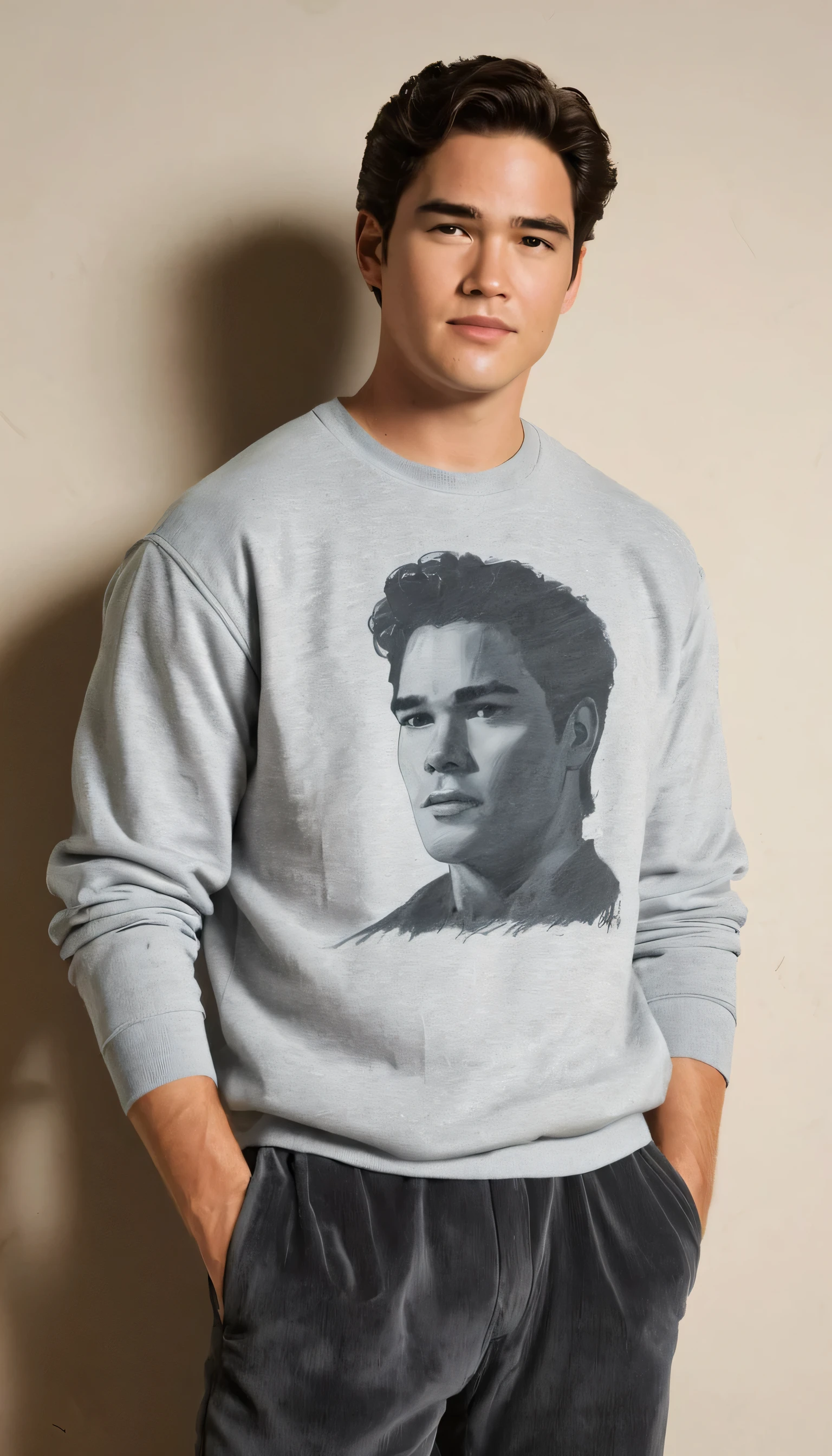 20 year old boy and wering T-shirt and black pent shit in single sofa which is middle in camera facing  background wooden wall and wight floor 
Like modeling

