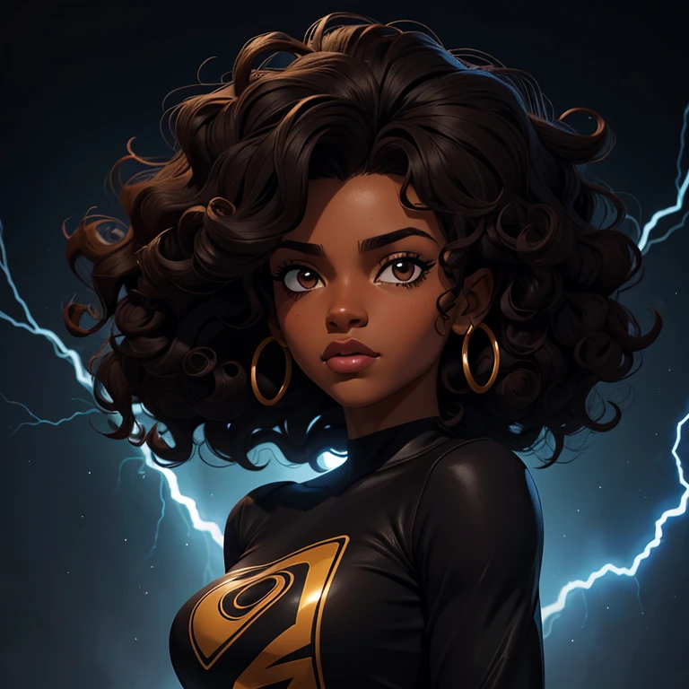 Garota negra personagem de jogo ,the hair is curly and appears to be quite voluminous.The natural style of the curls suggests that the hair has a texture that retains the shape of the curls well dark brown eyes, black image background with blue lightning, blusa preta