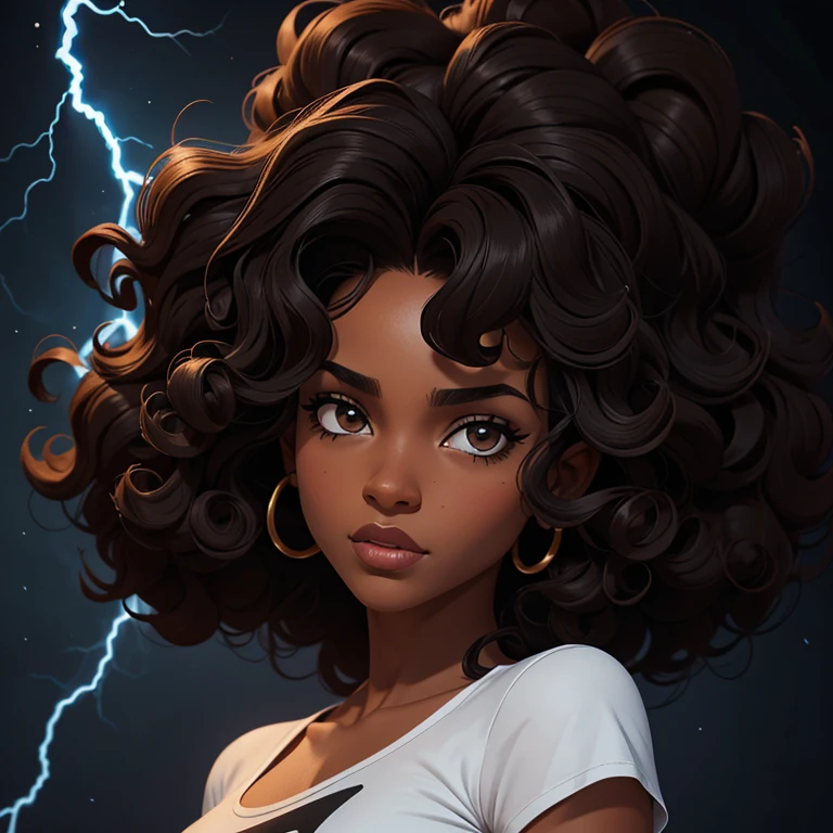 Garota negra personagem de jogo ,the hair is curly and appears to be quite voluminous.The natural style of the curls suggests that the hair has a texture that retains the shape of the curls well dark brown eyes, black image background with blue lightning, blusa preta