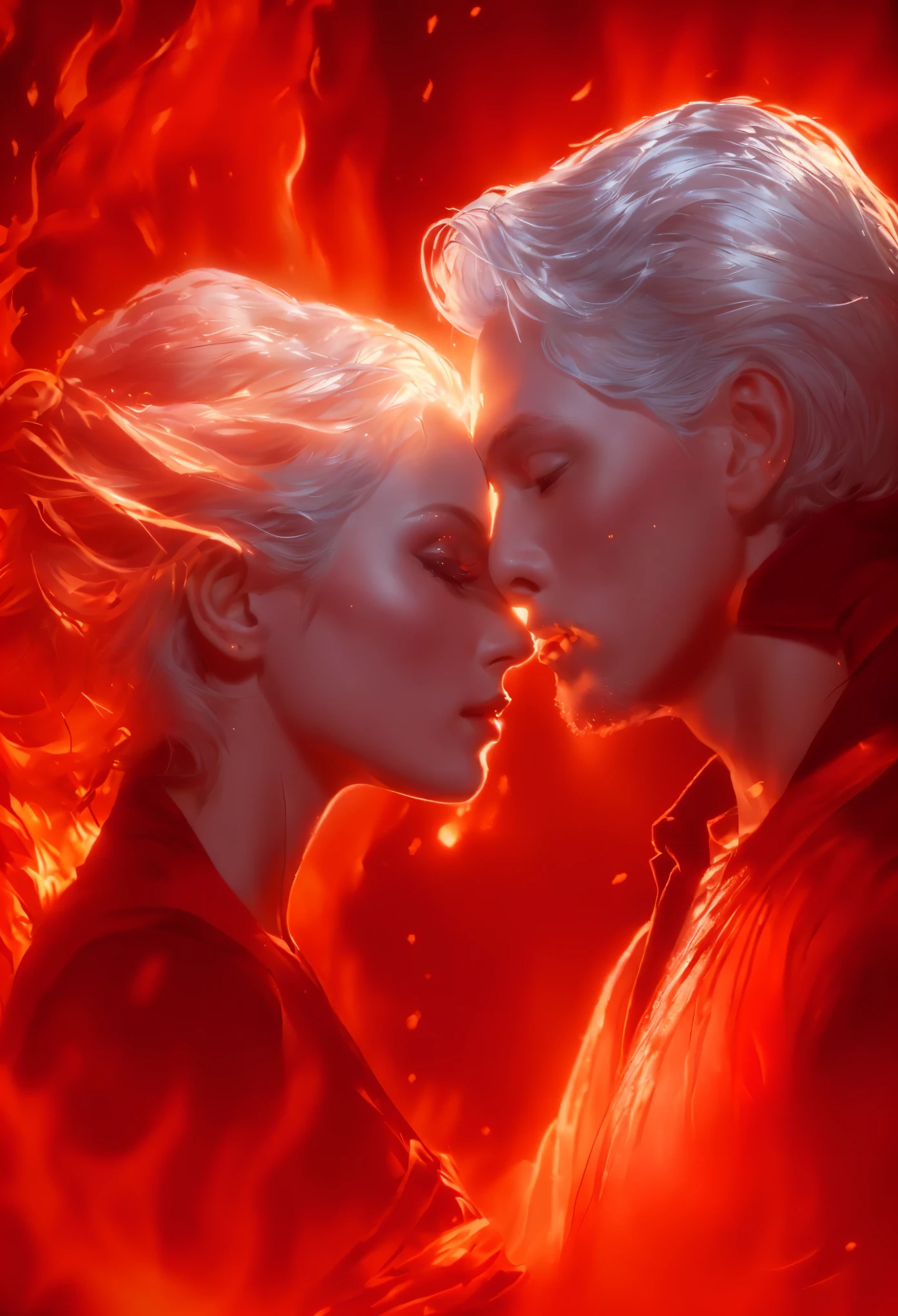Relief image of a white-haired man and woman in a fiery scene, romantic fantasy film, beautiful digital images, Highly detailed 4K digital art, Detailed 4k digital art, romance novel cover, amazing digital painting, Mikhail Evstafiev, gorgeous digital painting, stunning digital illustration, Vladimir Novak, elegant digital painting, author Zlatyu Boyadzhiev