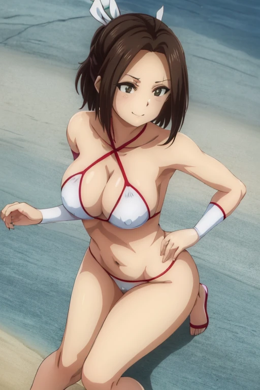 masterpiece, best quality, beautiful art, high resolution, well formed hands, body and fingers, 1 woman, solo, Hikari Hazakura, adult, hair ribbon , big breasted, cleavage full body, long hair, blue_kunoichi_dress, sleeveless, white stockings, gorgeous legs and thighs, dancing seductively and erotically, turning backwards and forwards, showing her back and front, showing her butt, t-back,, white thong, smiling joyfully, looking at the viewer, flirting, beach environment 