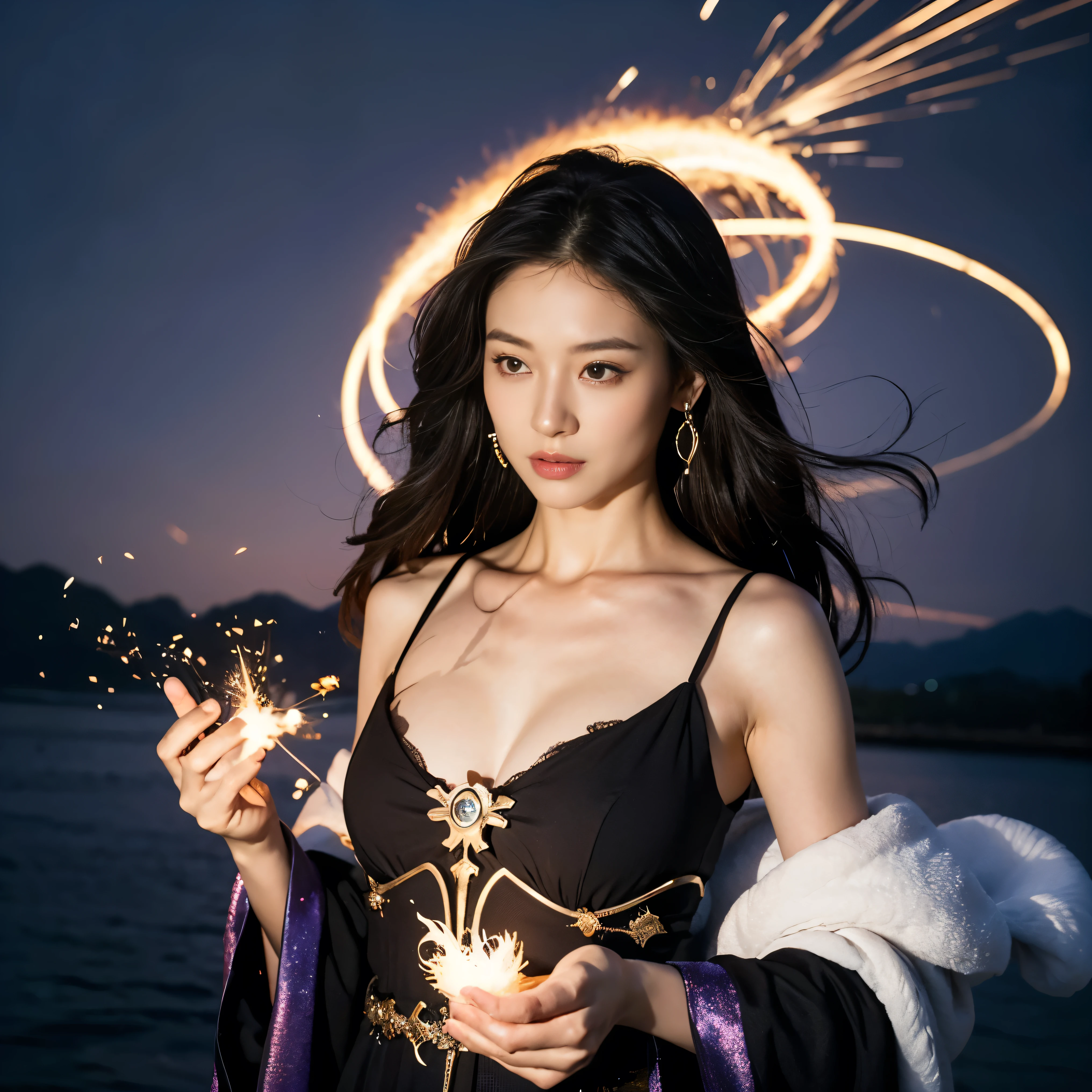 One very beautiful woman、Beautiful Face、Ideal proportions、Big Breasts(Big Breasts:1.1)、Powerful sorceress、Legendary magician、like々Beautiful appearance、SF、Fantasy、A fusion of advanced technology and magic、Future and Tradition、Stylish clothing that combines tradition and innovation、Cast powerful spells and enchantments。 (highest quality、4k、8k、High resolution、masterpiece:1.2)、Super detailed、(Real、Photorealistic、Photorealistic:1.37)、HDR、UHD、Professional Lighting、Bright colors、Sharp focus、Breathtaking scenic backdrop、Magical Aura、Glowing energy、Captivating Sparks、Swirling particles、High-tech magic wand、Glowing Rune、Intense visual effects、Otherworldly atmosphere、Ethereal beauty