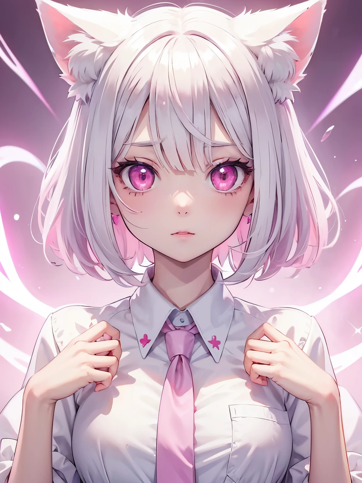 White hair. Short hair. Inner pink hair. Anime girl. Pink eyes. Glowing eyes. Nekomimi. Mad. White clotes. Pink tie. Small breast.
