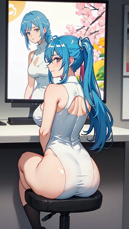 high res, ultrasharp, 8K, masterpiece, looking at viewer, photograph from behind, tight dress, thicc ass, mulher toda nua, Blue hair, seductive smile, beautiful face, sitting, minimalist coloring, J pelada, bunda GG. Bunda redonda e grande, peito grande, linda mulher com 28 anos, cintura fina, corpo perfeito. Alta qualidade.