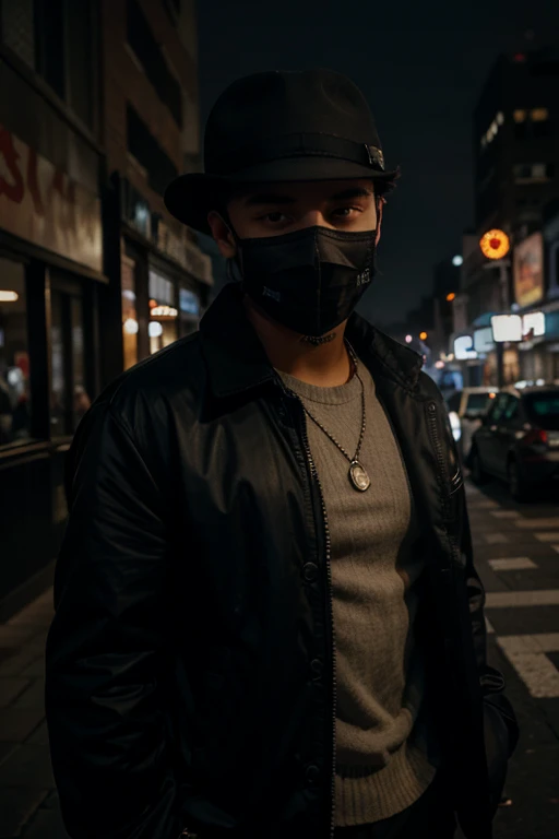 21-year-old man wearing a mask and hat with jacket like a mobster in the dark city