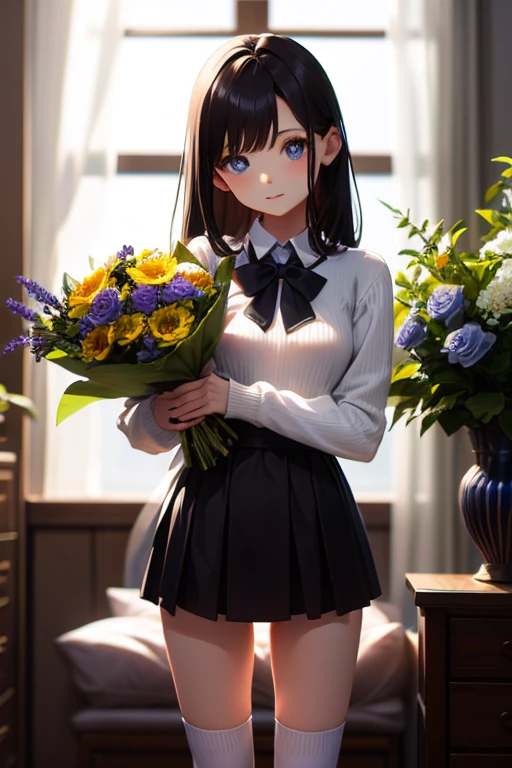 masterpiece, highest quality, One Girl, Thighs, beautiful girl, Flowers, Lots of small petals, Small waist,  Large Breasts、RAWphotograph,Hands are precise、Face Light, Dynamic Lighting, Ultra-realistic, High resolution, photograph, Sharp focus, Highly detailed eyes and face,Symmetrical face、sweater、mini skirt、Knee-high socks、bouquet