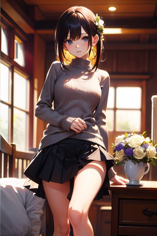 masterpiece, highest quality, One Girl, Thighs, beautiful girl, Flowers, Lots of small petals, Small waist,  Large Breasts、RAWphotograph,Hands are precise、Face Light, Dynamic Lighting, Ultra-realistic, High resolution, photograph, Sharp focus, Highly detailed eyes and face,Symmetrical face、sweater、mini skirt、Knee-high socks、bouquet