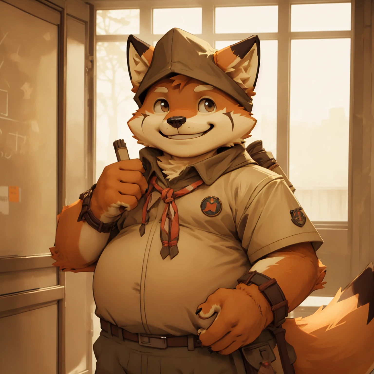 New Jersey 5 Furry，fox，portrait,Exquisite，Chubby，Orange plush fur，Cute face，Handsome，School，Scout costumes，Standing，Smile