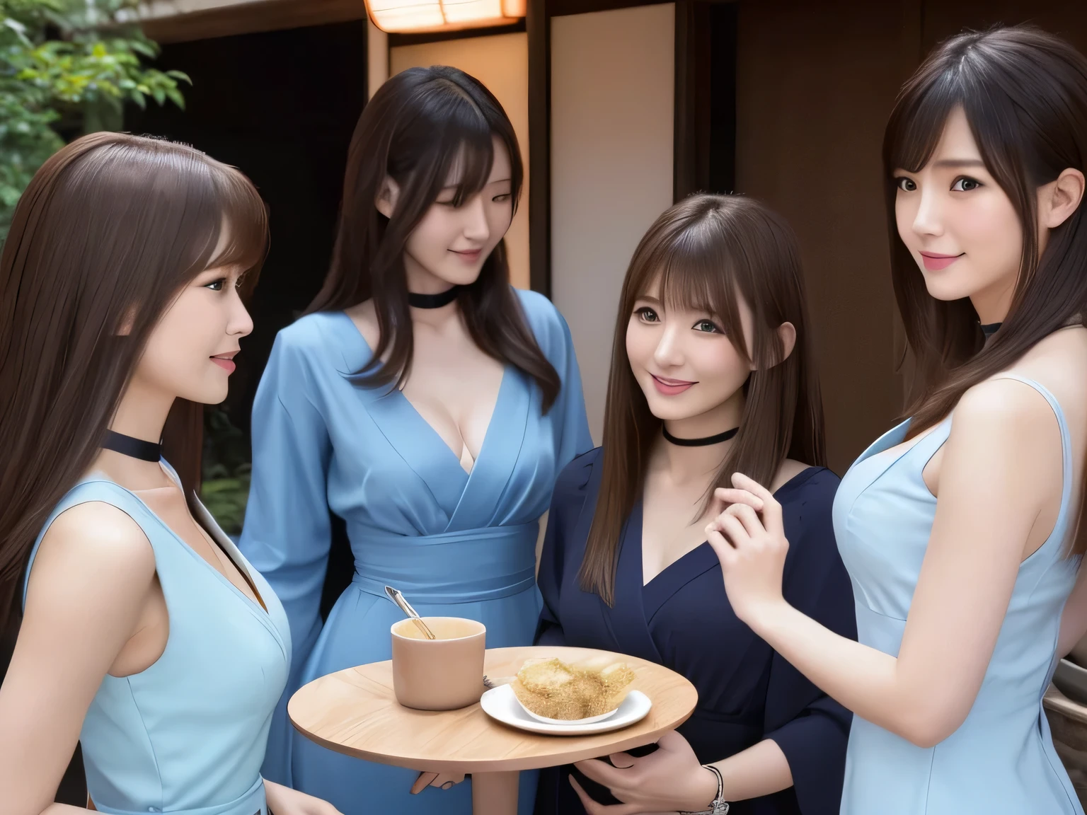 masterpiece, Multiple mature women per photo, Front view, Cute Japanese middle-aged woman, Long Bob Hair, (Light blue V-neck mini dress), Very cute face, Glossy Lips, Double eyelids on both eyes, Natural Makeup, (Brown Hair , Long Bob Hair), Asymmetrical bangs, High resolution, Attention to detail, Detailed hairstyle, Detailed face, Cinema Lighting, Octane Rendering, Ultra-realistic, Perfect limbs, Perfect Anatomy, Black Choker, blue eyes, Big Breasts, ((The body is slim:1.5)), Cool Beauty, Slim face, smile, Cleavage, Fantasy World, Outdoor, ((Straight Long Hair)), Mature sex appeal, ((A group of young Japanese women discussing at a meeting))