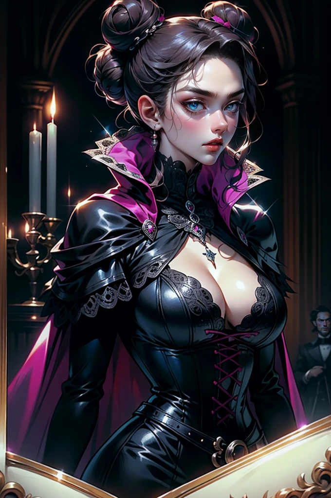 (masterpiece, top quality, best quality, official art, beautiful and aesthetic: 1.2), (1 woman: 1.3), long curly dark brown hair, ((fancy bun)), Victorian style, Victorian classic, extremely detailed, portrait, looking at the viewer, solo, (full body: 0.6), detailed background, close-up, mischievous eyes, magenta eyes (cold midnight castle theme: 1.1), vampire, long fangs, blood on chin, huge lips, charlatan, mischievous smile, mysterious, being seductive on the balcony, revealing gothic dress, extremely tight bodice, black costume, magenta skirts, off-the-shoulder, long sleeves, loose sleeves, black leather , cape, corset, black dress, fishnets, black high boots, buckles, straps, bags, glowing blood magic energy, dark magenta fabric, silver trim, black leather, extremely slim, slim waist, slim hips, medieval background (gothic castle exterior: 1.1), nocturnal, dark and mysterious lighting, shadows, magical atmosphere, Dancing lightly. backwadrs, Looking back. Very sexy, with chin resting on shoulder, abigail larson art style