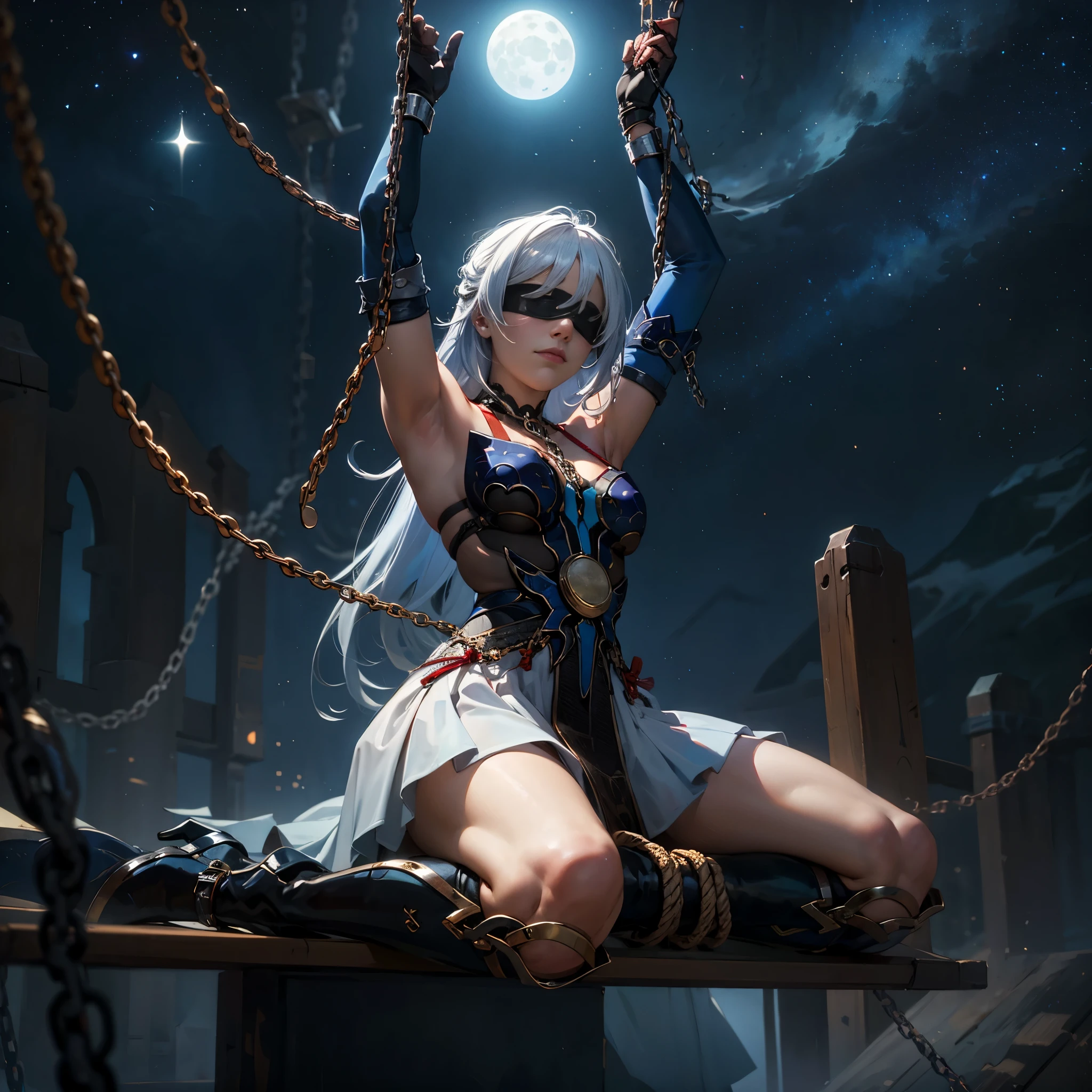 masterpiece, best quality, JingliuV5, 1girl, solo, gloves, gloves, dress, bare shoulders, closed mouth, boots, sky, black gloves, black footwear, blindfold, night sky, full moon, elbow gloves, armpits, arms up, ((chain, bound, restrained:1.3)), sitting, wariza, night, starry sky, sky, cowboy shot, view from below, far shot