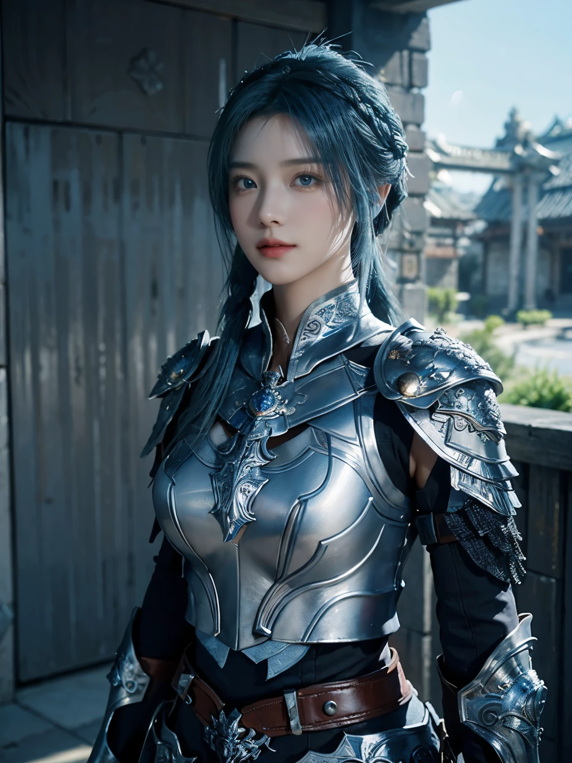 masterpiece,best quality,high resolution,8k,original photo,real picture,Ancient city wall battlesite background,((site:1.8)),Digital Photography,(Female generals on the battlesite in the Han Dynasty),18 year old girl,(Long ponytail hairstyle),Open lips,Breasts are full and erect,Noble and charming,Elegant and serious,(Thick silver fish scale armor),Capelet Blue,((Hair tied high,Blue Hair)),Combination of white metal and red leather,The chest is covered with golden armor,Metallic luster,Leather buckle,Beautiful Pattern,Mystical Emblem,Cool and beautiful breasts)),Chest groove,Three Kingdoms character painting style,Photo poses,oc render reflection texture,Gloomy weather,Charming smile,Look up and shoot,