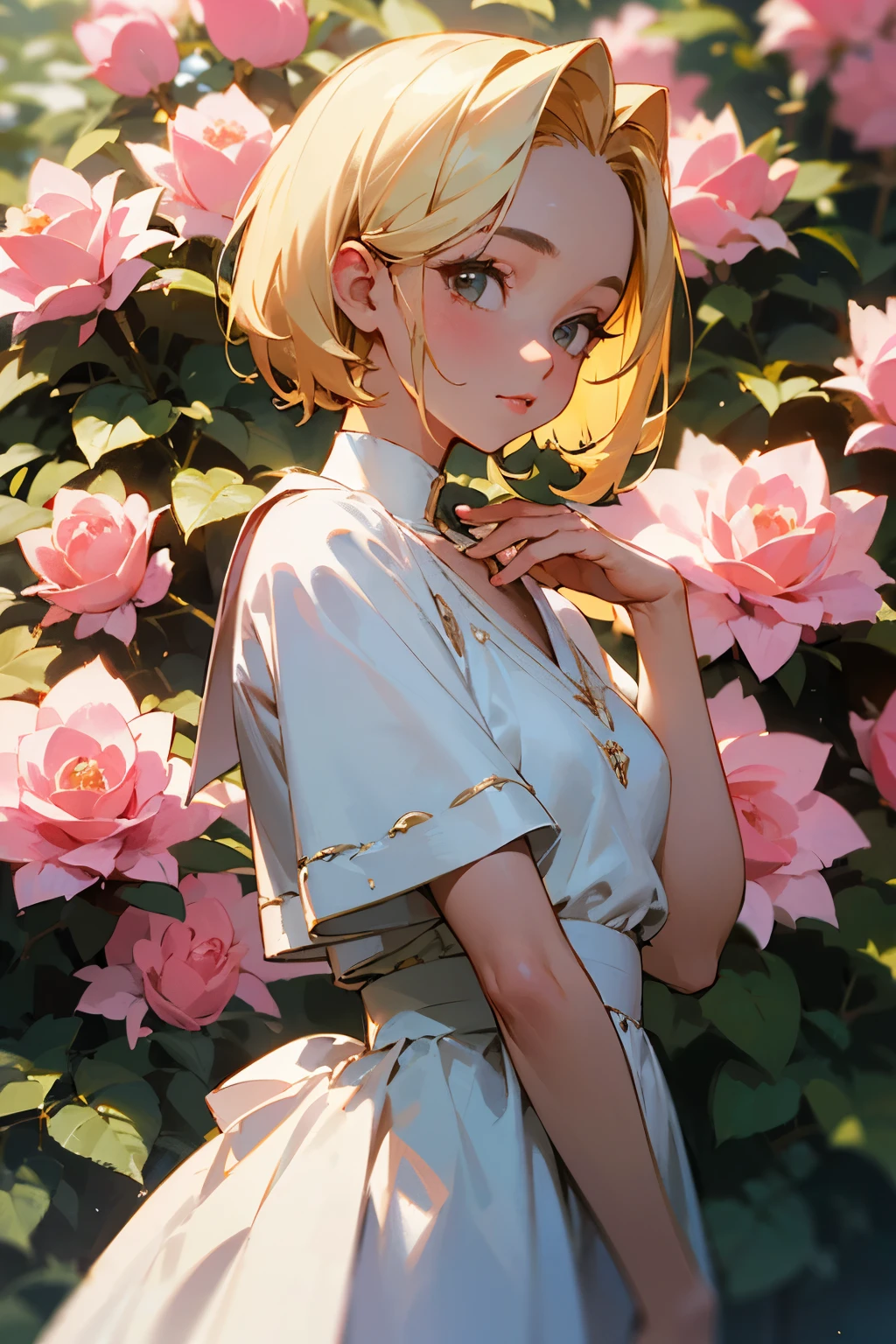 8k, RAW photo, Fujifilm, style photo of a beautiful young woman as avril in a garden of light pink roses (highly detailed skin: 1.2) Style-Petal BREAK short hair, blonde hair with colored locks, wearing a dress, film granulation, 35mm, cute style