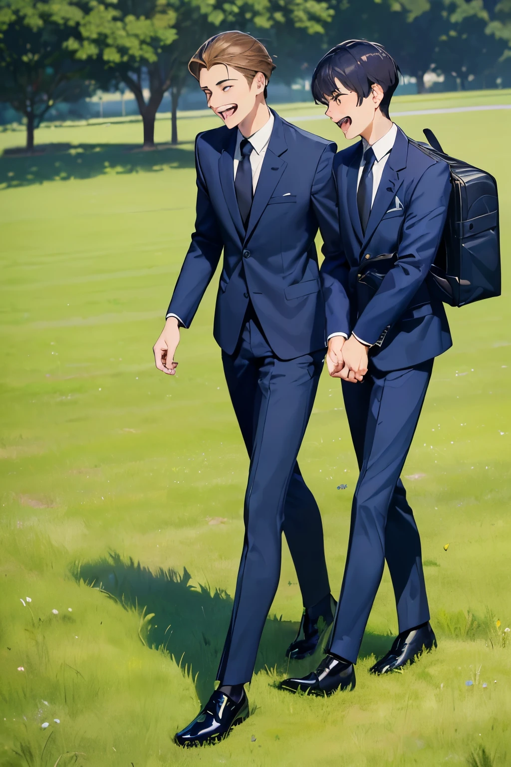 ((best quality)), ((masterpiece)), ((detailed)), (((perfect faces))), (((18yo teen boys in navy blue suits))), (((walking))), (((laughing))), (((big wide eyes))), (((whole body))), (((grass field))), (((black shoes))), (((school bags)))
