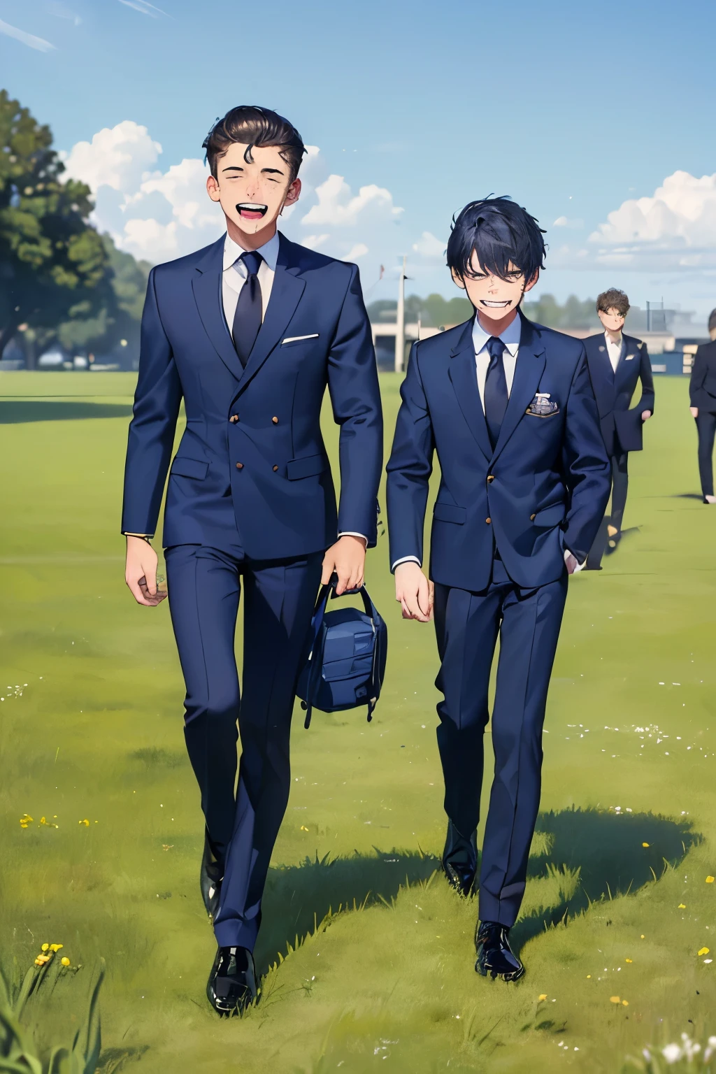 ((best quality)), ((masterpiece)), ((detailed)), (((perfect faces))), (((18yo teen boys in navy blue suits))), (((walking))), (((laughing))), (((big wide eyes))), (((whole body))), (((grass field))), (((black shoes))), (((school bags)))